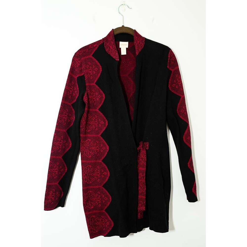 Chico's Cardigan Sweater 1 M Black Red Knit‎  Office Casual